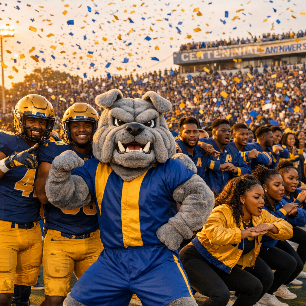 NC A&T Aggie bulldog mascot, football players, and Greek step show performers celebrating 100th GHOE in blue and gold