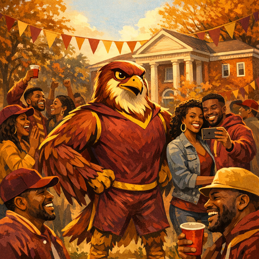 Falcon mascot and alumni celebrating Simmons College of Kentucky Homecoming on campus