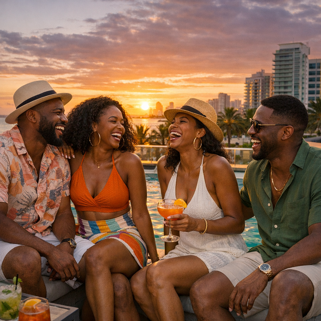 Group of HBCU alumni friends laughing at a rooftop pool in Miami at sunset
