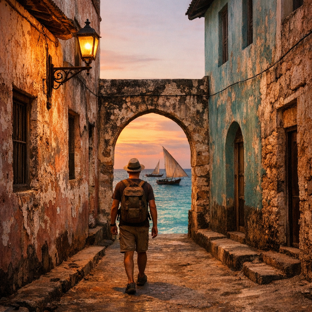Coral-stone streets of Stone Town on the Island of Mozambique at dusk with dhow boats visible on the water
