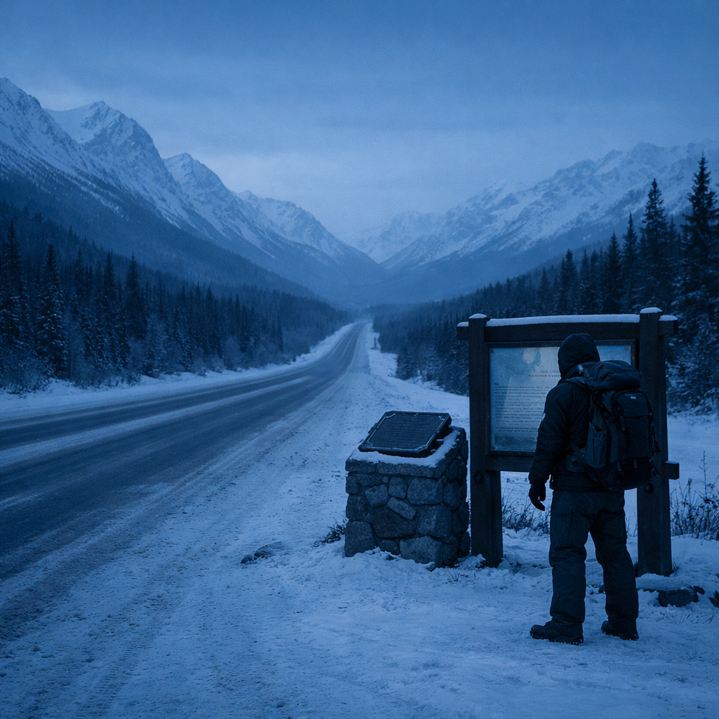 Traveler standing at an Alaska Highway historical marker honoring the Black soldiers who built the road, snow-covered highway through spruce forest and mountains at dusk