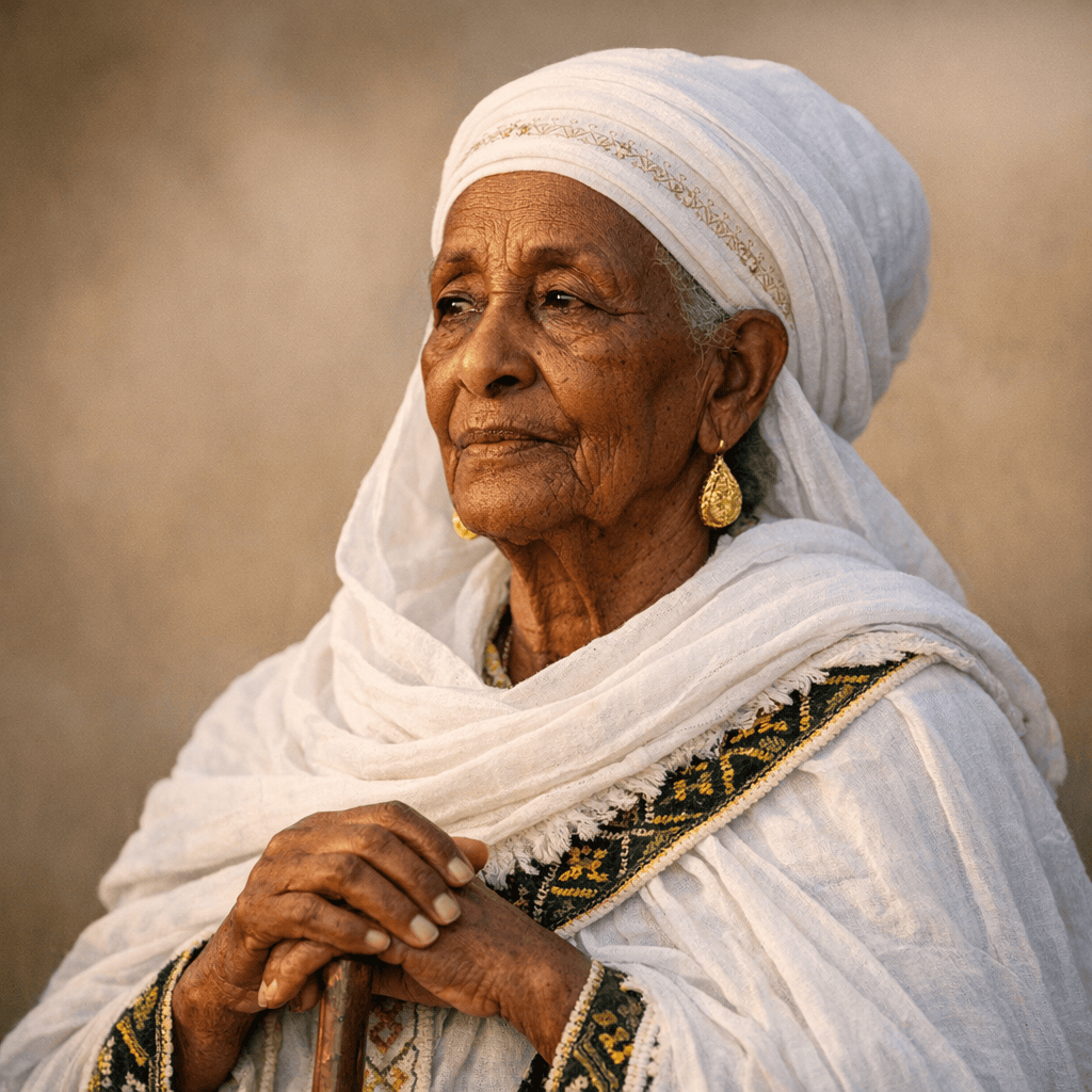 Ethiopian-Israeli elder in white traditional Sigd holiday dress in golden light