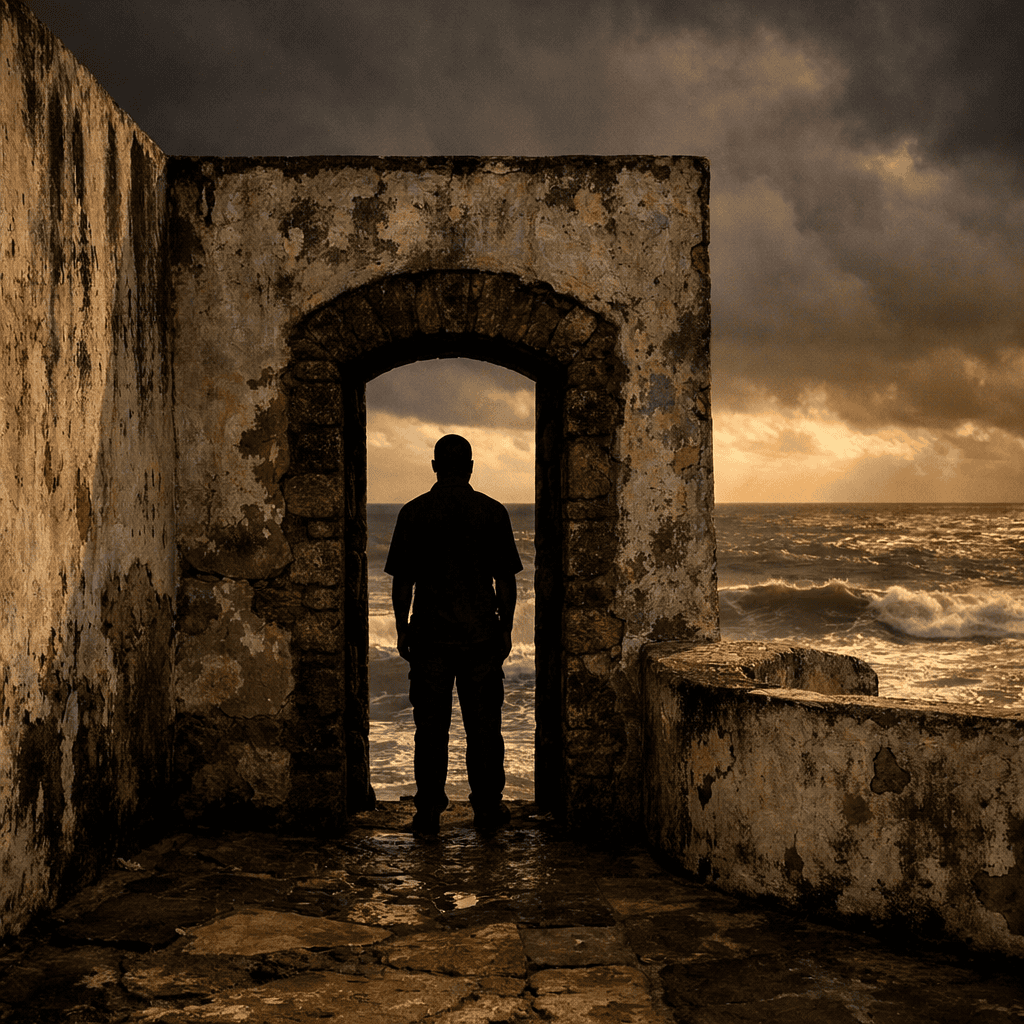 A lone figure stands in the stone archway of the Door of No Return at Cape Coast Castle, Ghana, looking out over the Atlantic under a stormy sky
