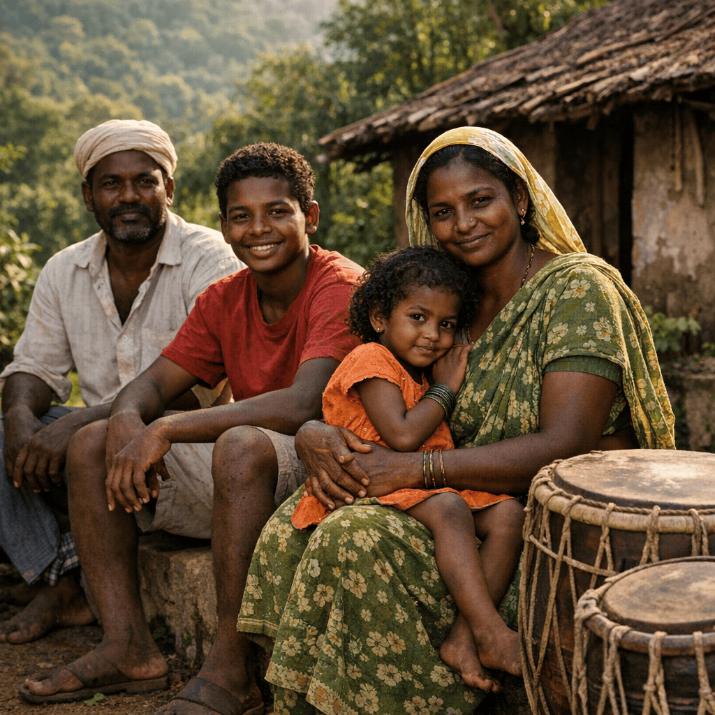 Siddi family of African descent in a Karnataka village, India, with traditional drums